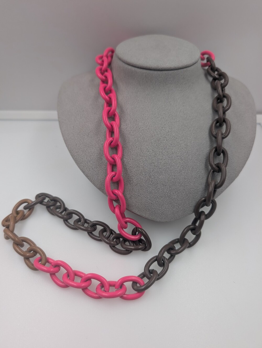 Signed J. Crew Colorblock Enamel Metal Chunky Link Necklace Pink Taupe 0524ab